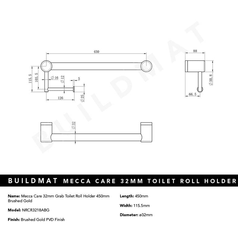 Mecca Care 32mm Grab Rail Toilet Roll Holder 450mm Brushed Gold