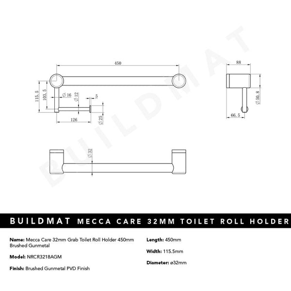 Nero Mecca Care 32mm Grab Rail Toilet Roll Holder 450mm Brushed Gunmetal