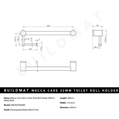 Mecca Care 32mm Grab Rail Toilet Roll Holder 450mm Matte Black