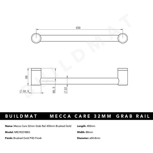 Nero Mecca Care 32mm Grab Rail 450mm Brushed Gold