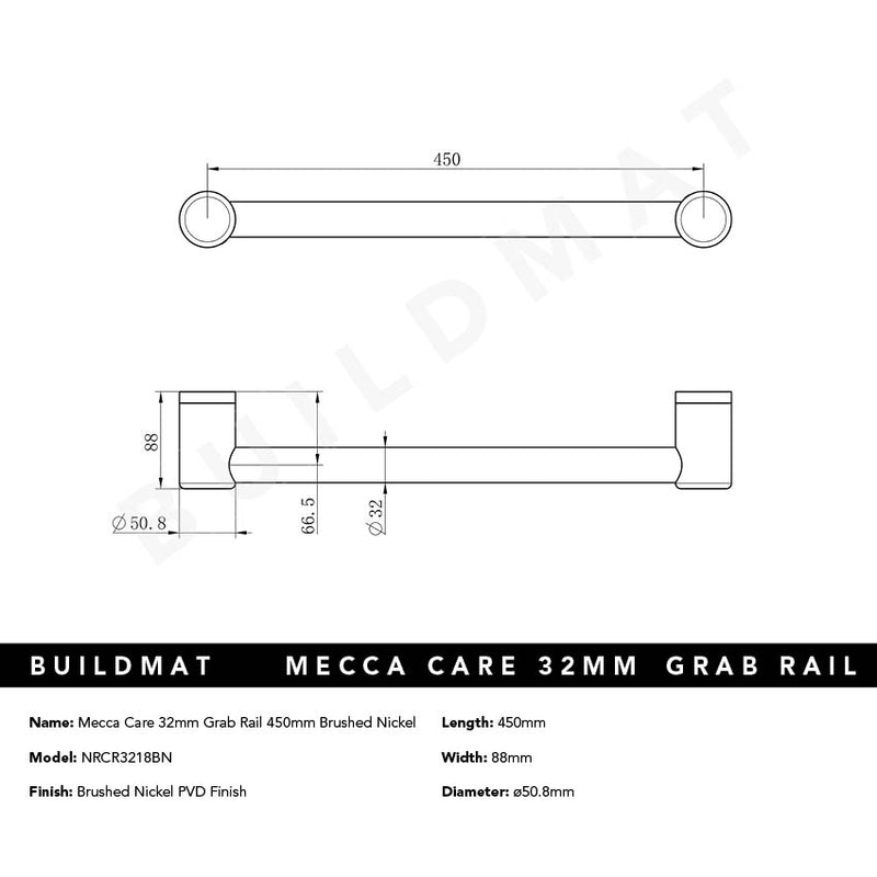 Mecca Care 32mm Grab Rail 450mm Brushed Nickel