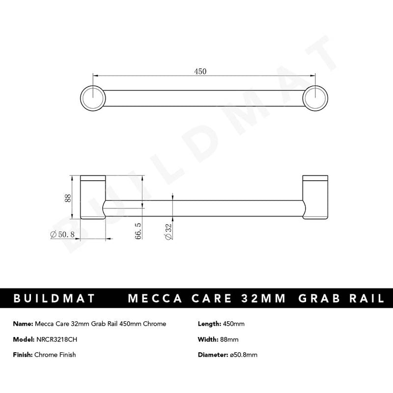 Mecca Care 32mm Grab Rail 450mm Chrome