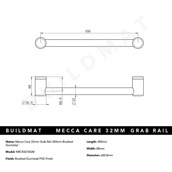 Nero Mecca Care 32mm Grab Rail 450mm Brushed Gunmetal