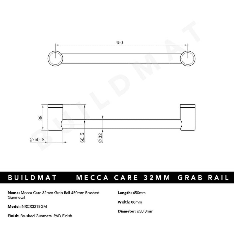 Mecca Care 32mm Grab Rail 450mm Brushed Gunmetal