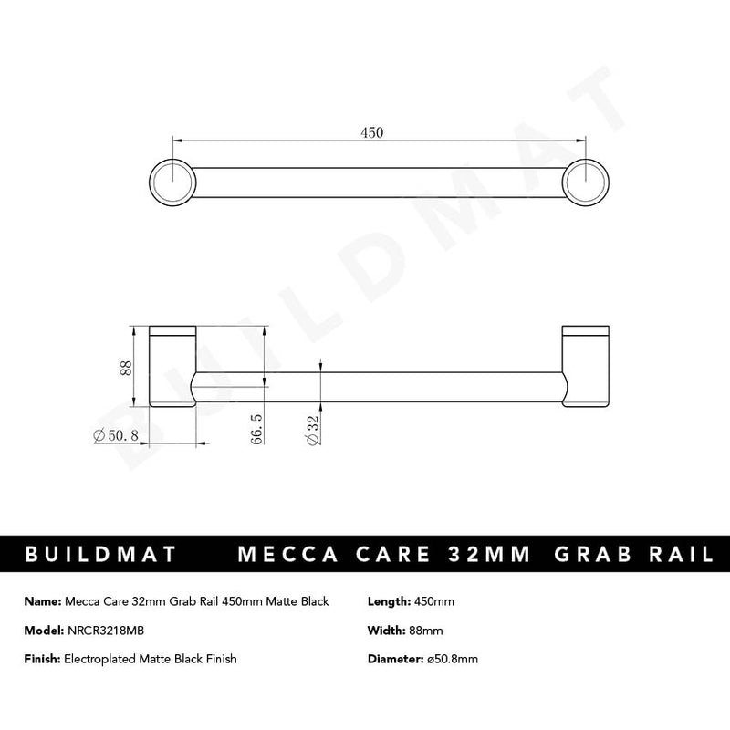 Mecca Care 32mm Grab Rail 450mm Matte Black