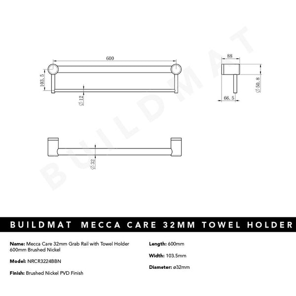 Nero Mecca Care 32mm Grab Rail with Towel Holder 600mm Brushed Nickel