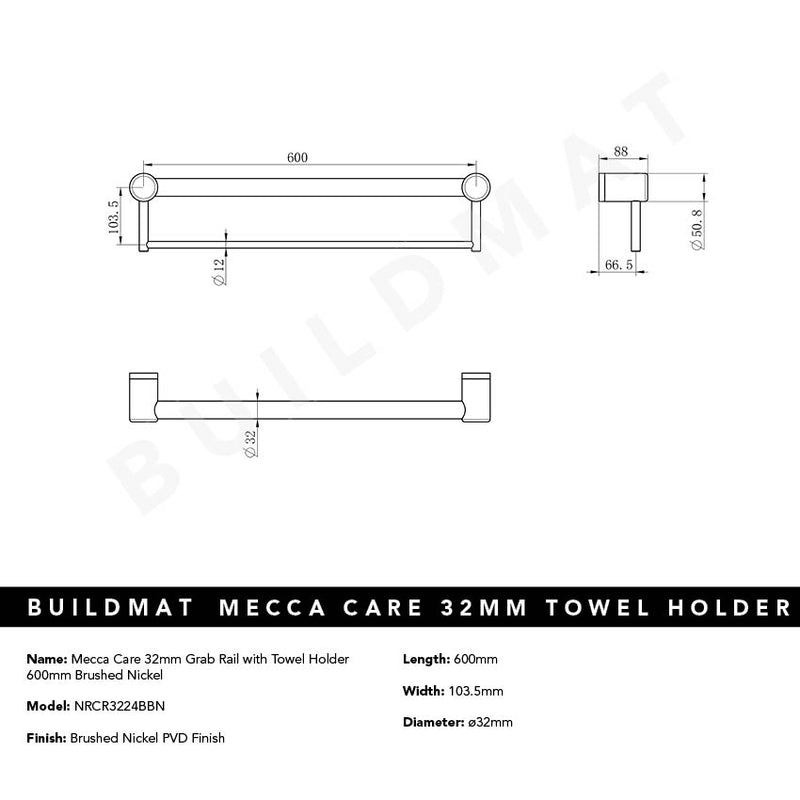 Mecca Care 32mm Grab Rail with Towel Holder 600mm Brushed Nickel