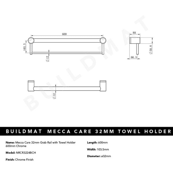 Nero Mecca Care 32mm Grab Rail with Towel Holder 600mm Chrome