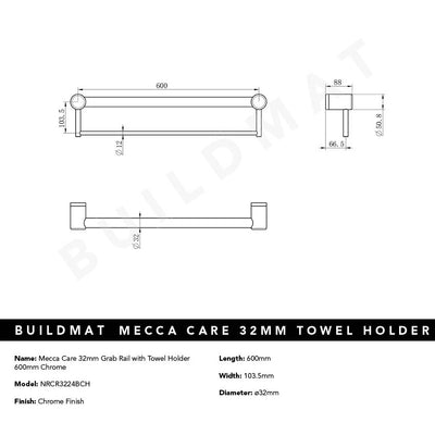 Mecca Care 32mm Grab Rail with Towel Holder 600mm Chrome