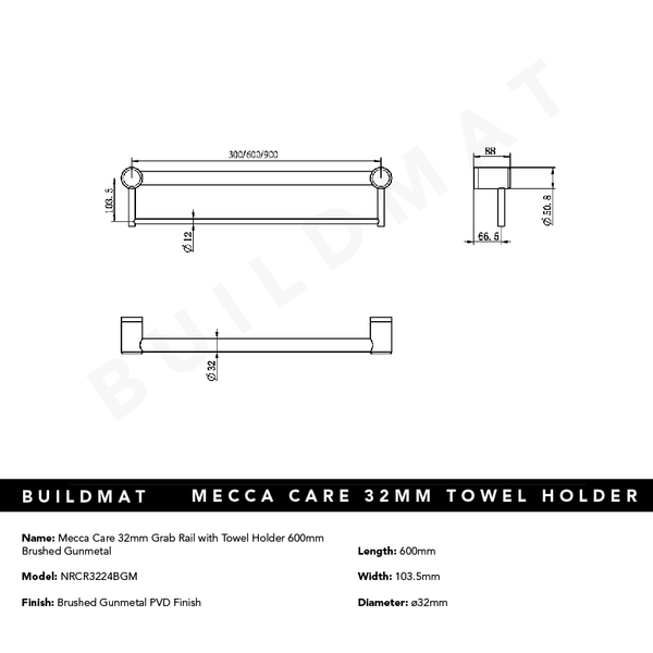 Nero Mecca Care 32mm Grab Rail with Towel Holder 600mm Brushed Gunmetal