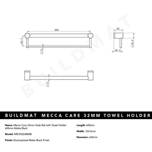 Nero Mecca Care 32mm Grab Rail with Towel Holder 600mm Matte Black