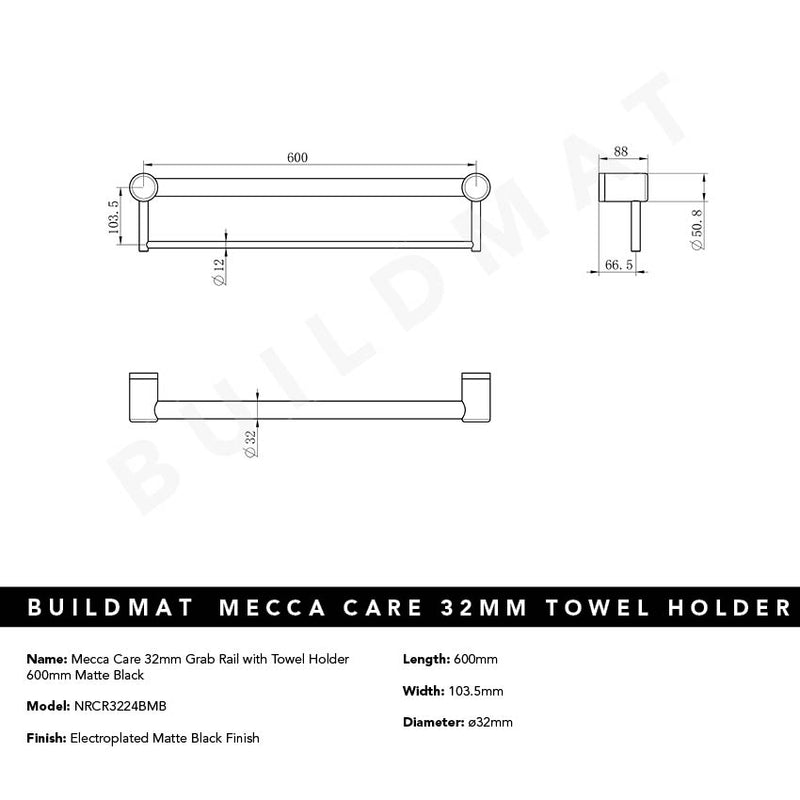 Mecca Care 32mm Grab Rail with Towel Holder 600mm Matte Black