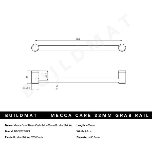Nero Mecca Care 32mm Grab Rail 600mm Brushed Nickel