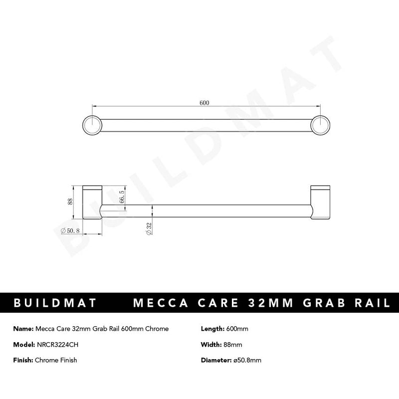 Mecca Care 32mm Grab Rail 600mm Chrome