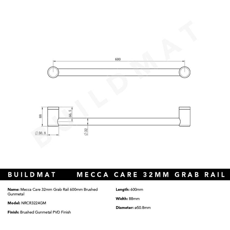 Mecca Care 32mm Grab Rail 600mm Brushed Gunmetal