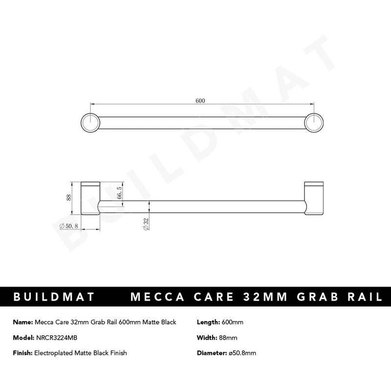 Mecca Care 32mm Grab Rail 600mm Matte Black