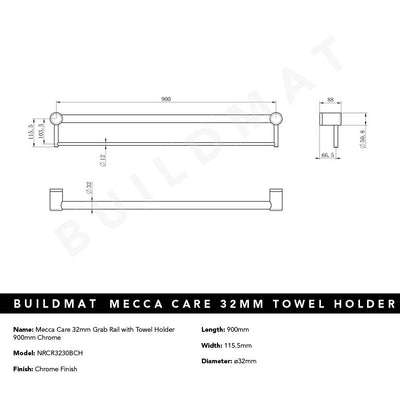 Mecca Care 32mm Grab Rail with Towel Holder 900mm Chrome