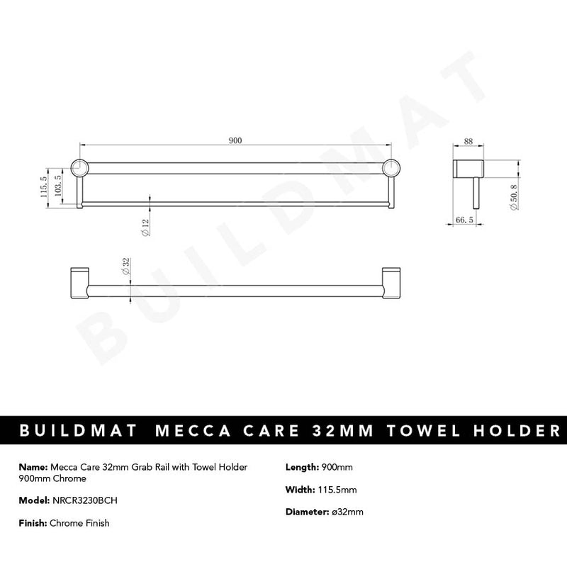 Mecca Care 32mm Grab Rail with Towel Holder 900mm Chrome
