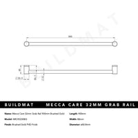 Mecca Care 32mm Grab Rail 900mm Brushed Gold