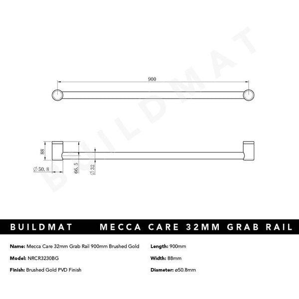 Mecca Care 32mm Grab Rail 900mm Brushed Gold
