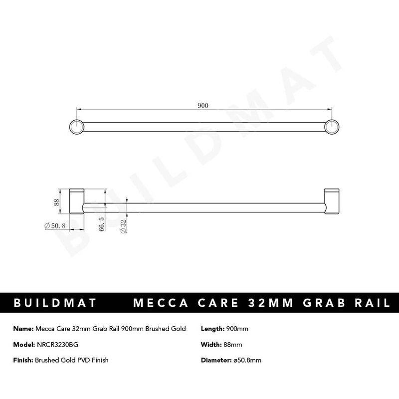 Mecca Care 32mm Grab Rail 900mm Brushed Gold