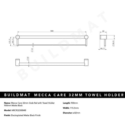 Mecca Care 32mm Grab Rail with Towel Holder 900mm Matte Black