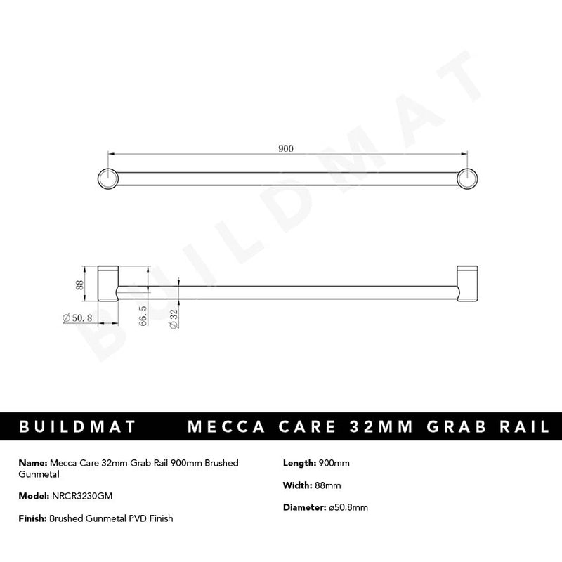 Mecca Care 32mm Grab Rail 900mm Brushed Gunmetal