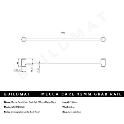 Mecca Care 32mm Grab Rail 900mm Matte Black