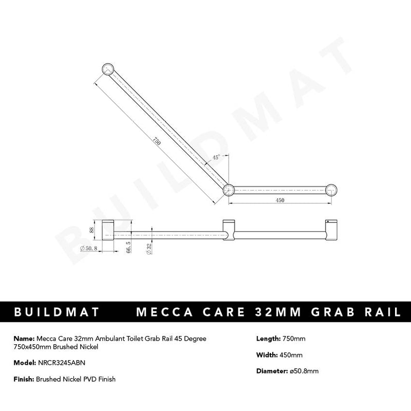 Mecca Care 32mm Ambulant Toilet Grab Rail 45 Degree 750x450mm Brushed Nickel