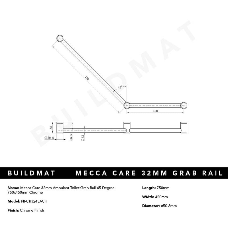 Mecca Care 32mm Ambulant Toilet Grab Rail 45 Degree 750x450mm Chrome