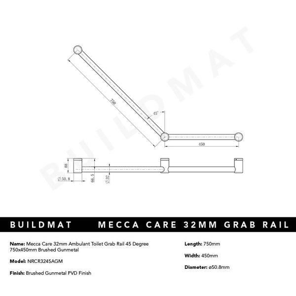 Nero Mecca Care 32mm Ambulant Toilet Grab Rail 45 Degree 750x450mm Brushed Gunmetal