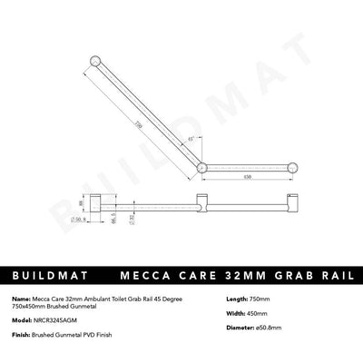 Mecca Care 32mm Ambulant Toilet Grab Rail 45 Degree 750x450mm Brushed Gunmetal