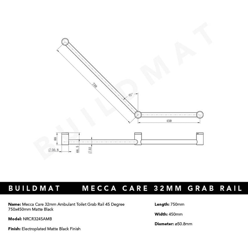 Mecca Care 32mm Ambulant Toilet Grab Rail 45 Degree 750x450mm Matte Black