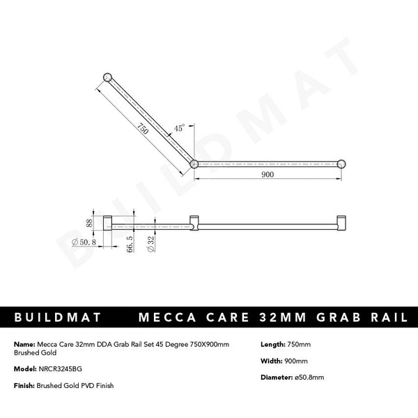 Nero Mecca Care 32mm DDA Grab Rail Set 45 Degree 750x900mm Brushed Gold