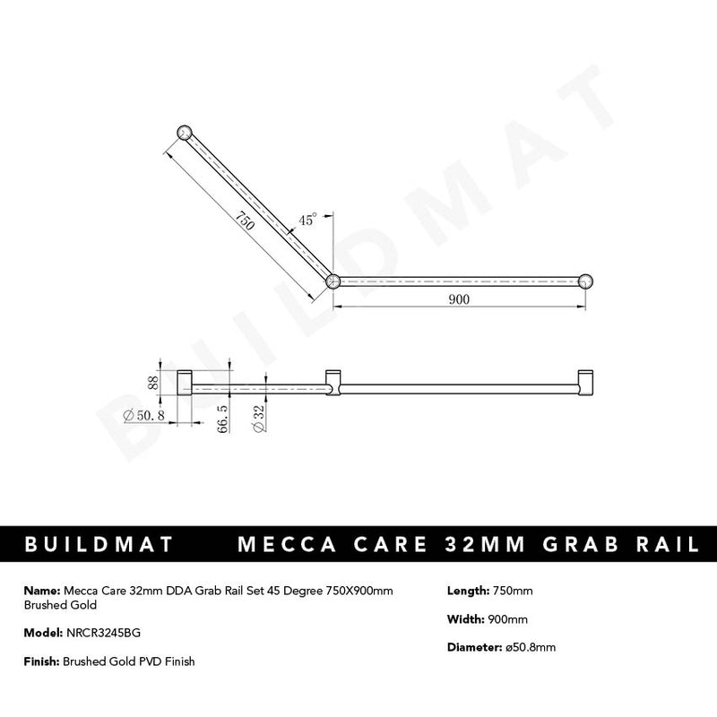 Mecca Care 32mm DDA Grab Rail Set 45 Degree 750x900mm Brushed Gold