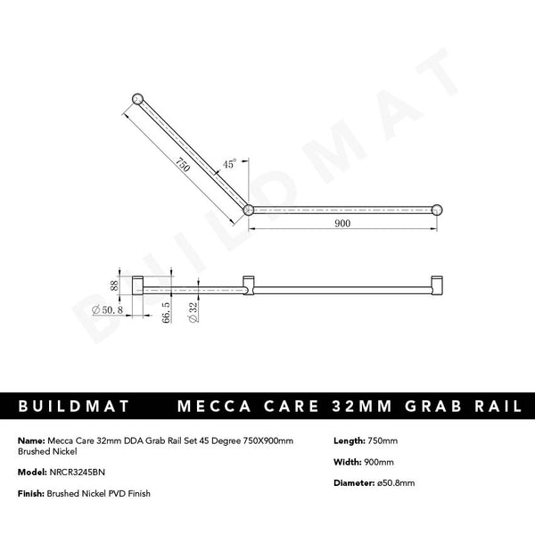 Nero Mecca Care 32mm DDA Grab Rail Set 45 Degree 750x900mm Brushed Nickel