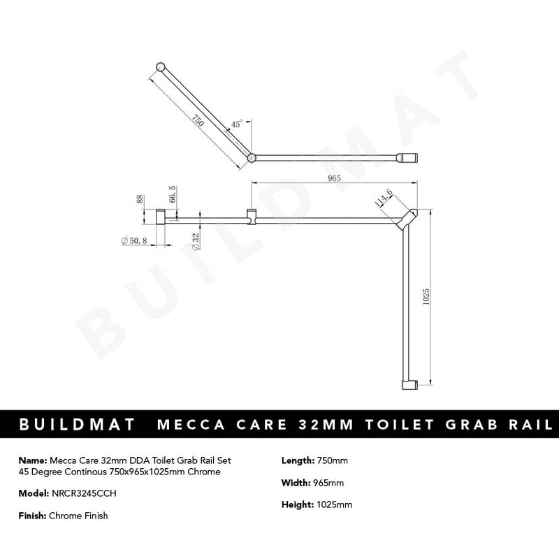 Mecca Care 32mm DDA Toilet Grab Rail Set 45 Degree Continuous 750x965x1025mm Chrome
