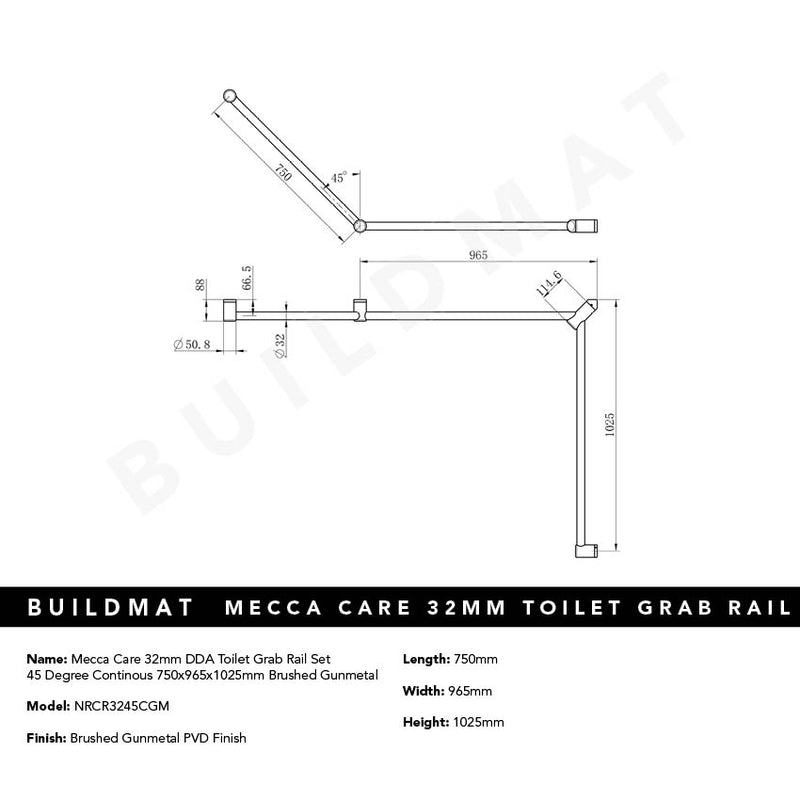 Mecca Care 32mm DDA Toilet Grab Rail Set 45 Degree Continuous 750x965x1025mm Brushed Gunmetal