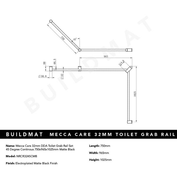 Nero Mecca Care 32mm DDA Toilet Grab Rail Set 45 Degree Continuous 750x965x1025mm Matte Black