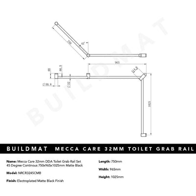 Mecca Care 32mm DDA Toilet Grab Rail Set 45 Degree Continuous 750x965x1025mm Matte Black