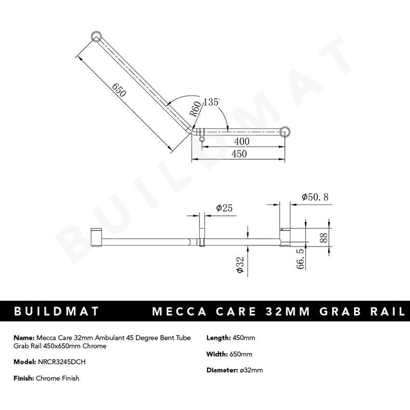 Mecca Care 32mm Ambulant 45 Degree Bent Tube Grab Rail 450x650mm Chrome