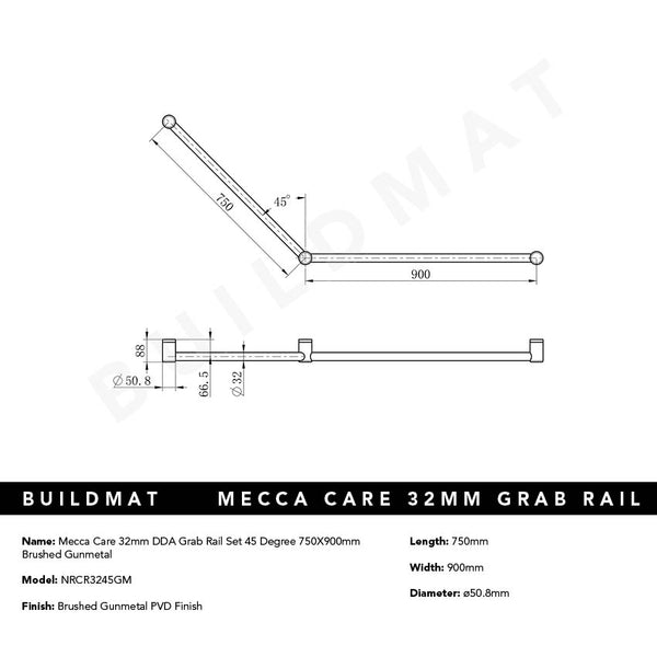 Nero Mecca Care 32mm DDA Grab Rail Set 45 Degree 750x900mm Brushed Gunmetal