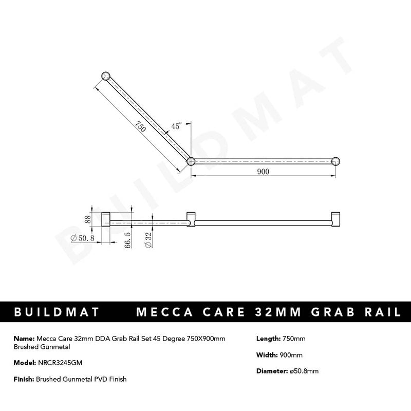 Mecca Care 32mm DDA Grab Rail Set 45 Degree 750x900mm Brushed Gunmetal