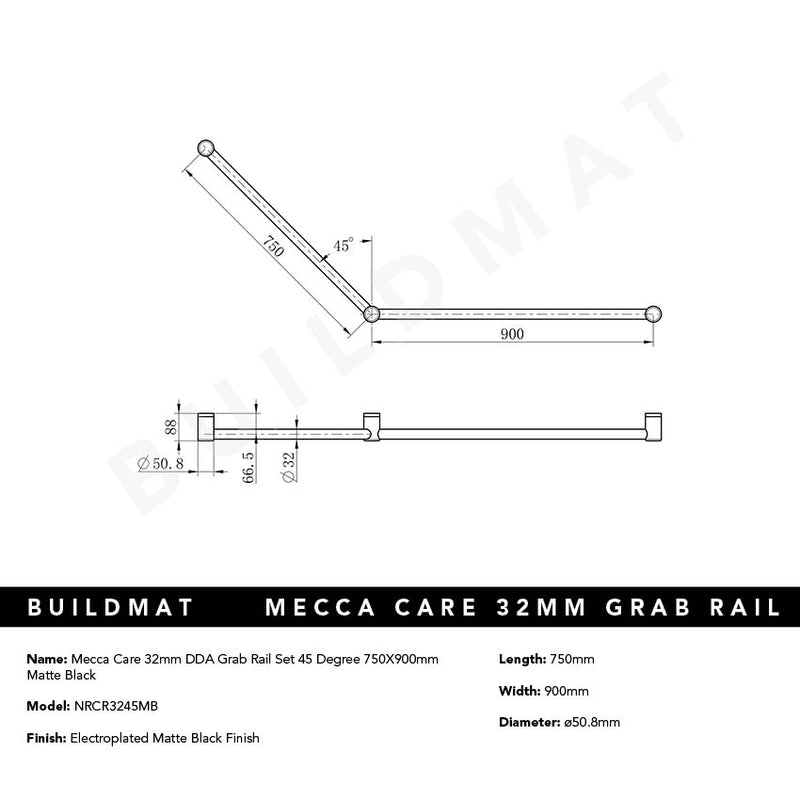 Mecca Care 32mm DDA Grab Rail Set 45 Degree 750x900mm Matte Black