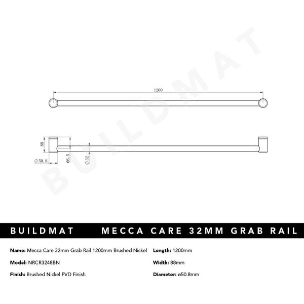 Nero Mecca Care 32mm Grab Rail 1200mm Brushed Nickel