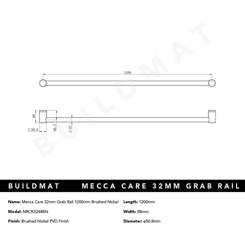 Mecca Care 32mm Grab Rail 1200mm Brushed Nickel