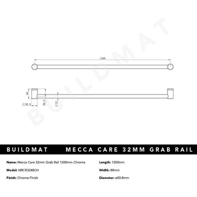 Mecca Care 32mm Grab Rail 1200mm Chrome