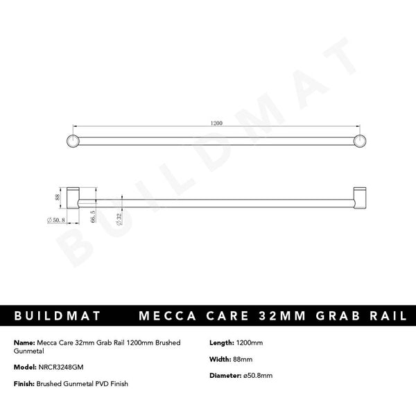Nero Mecca Care 32mm Grab Rail 1200mm Brushed Gunmetal