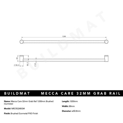 Mecca Care 32mm Grab Rail 1200mm Brushed Gunmetal