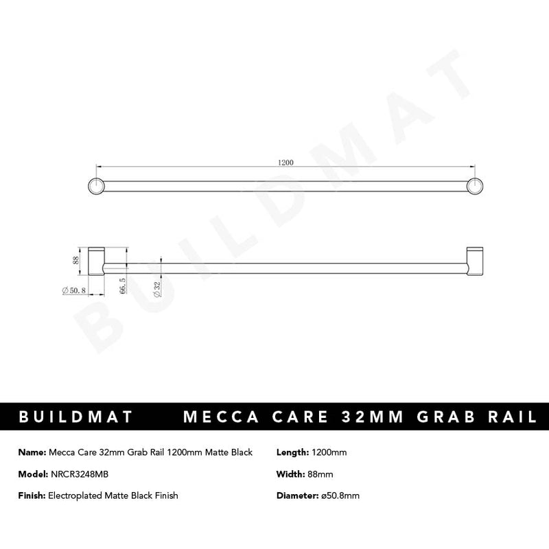 Mecca Care 32mm Grab Rail 1200mm Matte Black